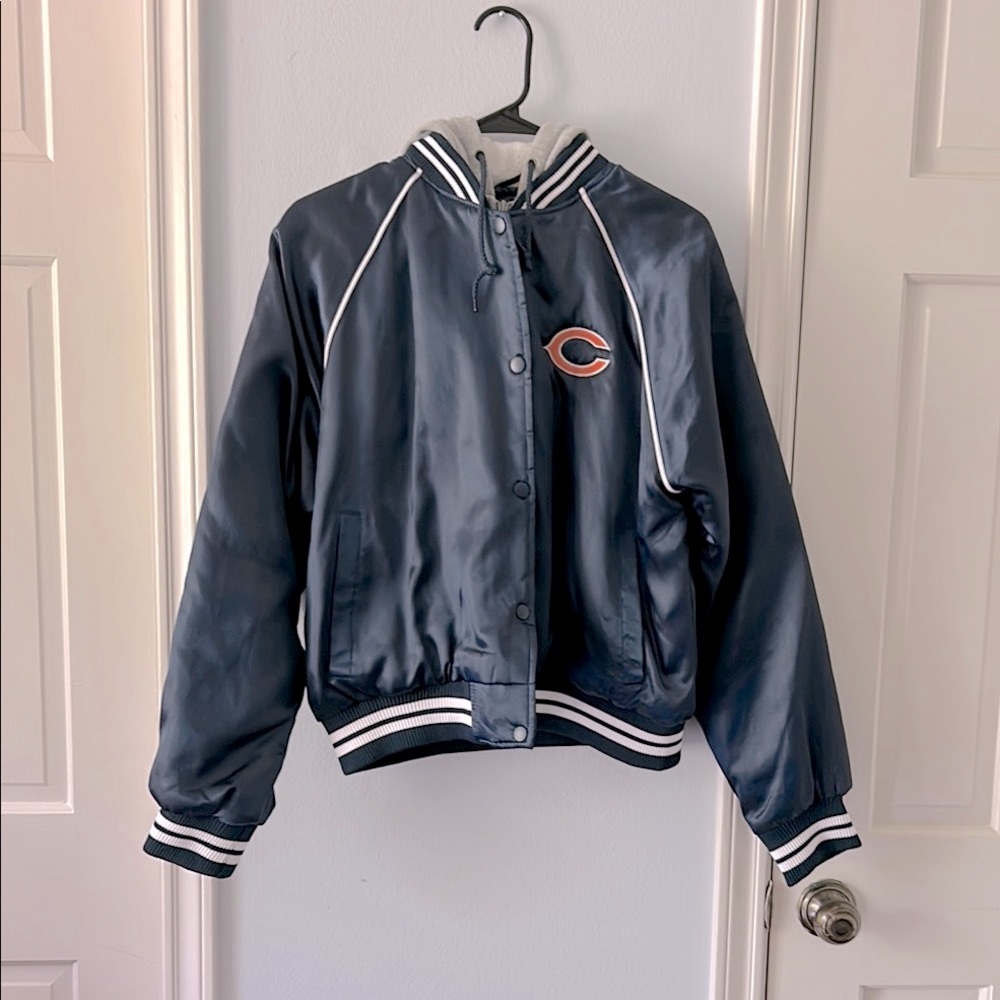 Vintage Satin Chicago Bears Navy Varsity Hooded Bomber